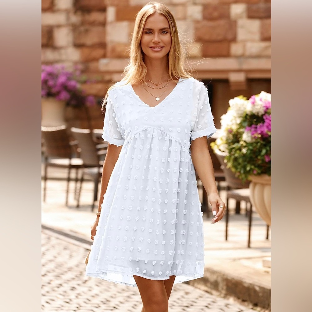 New Kirundo Short Sleeves Mini Dress V Neck Polka Lot Dress White Womens Medium